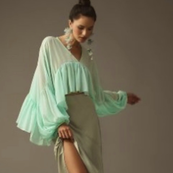 Anthropologie Let Me Be Sheer Babydoll Blouse (size M) (color Mint) - Picture 4 of 8